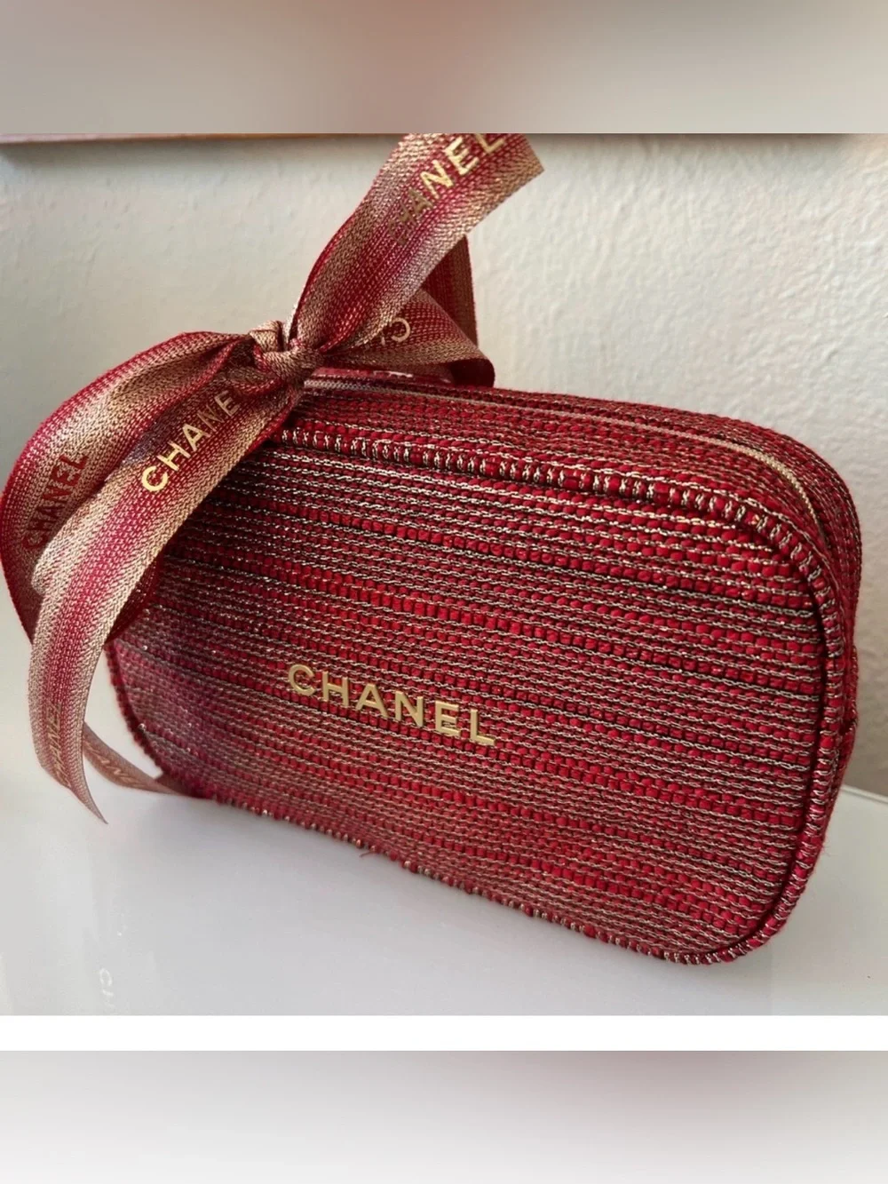 CHANEL Red and Gold Woven Cosmetic Pouch